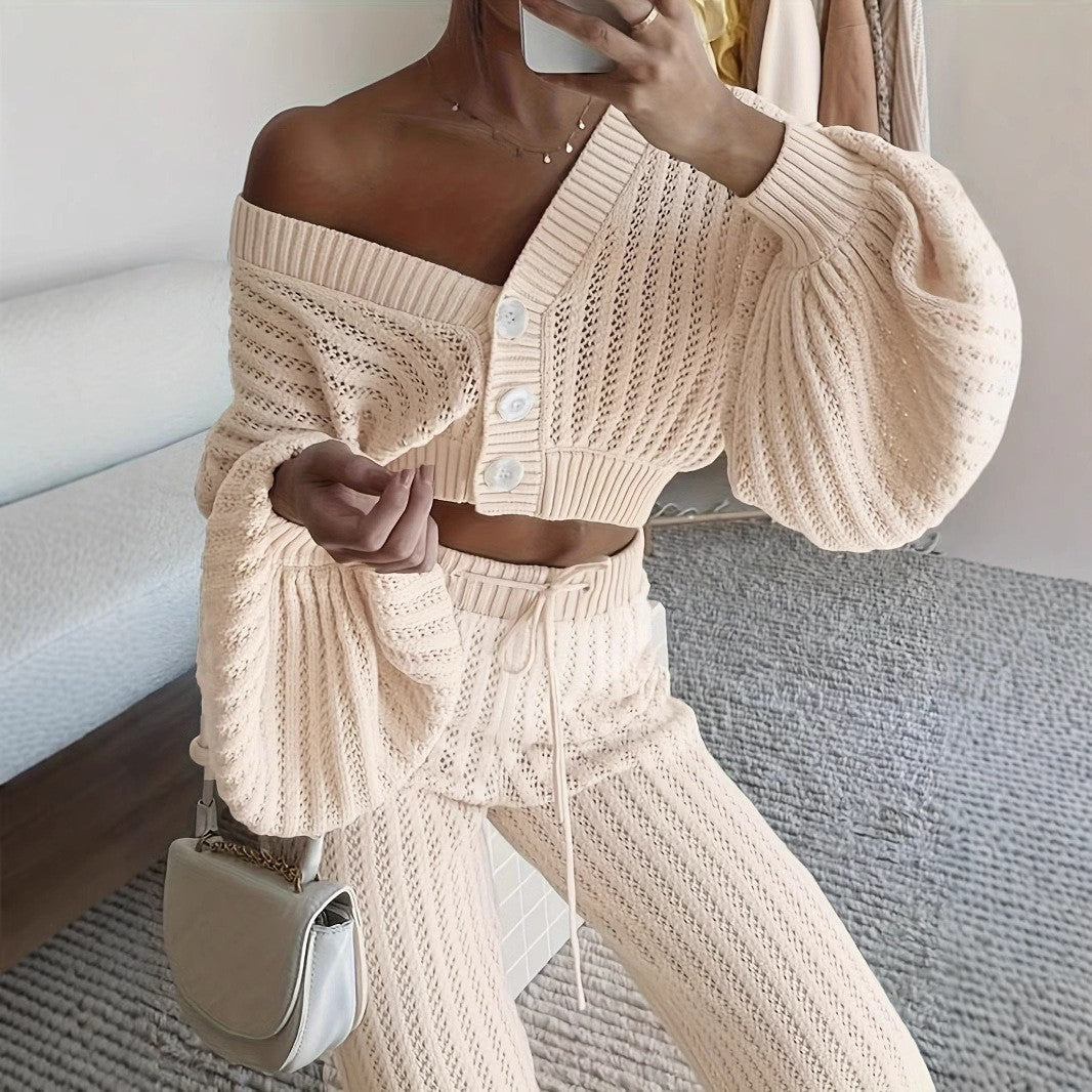 Knitting Suit Women's Casual Solid Color Sweater Cardigan High Waist Trousers Two-Piece Set 4