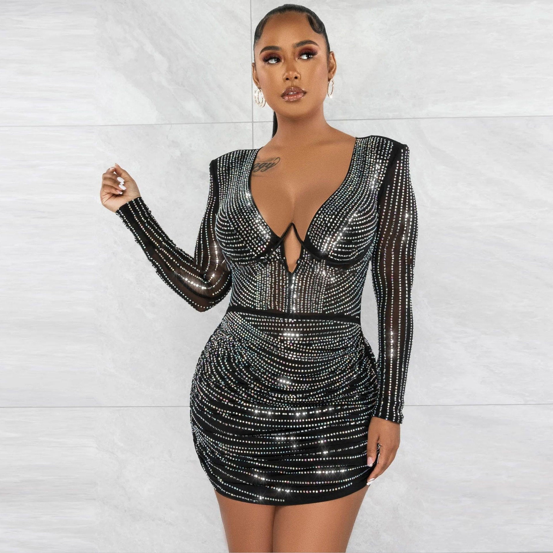 Sexy Slim Beaded Bodycon Deep V See-Through Dress 7