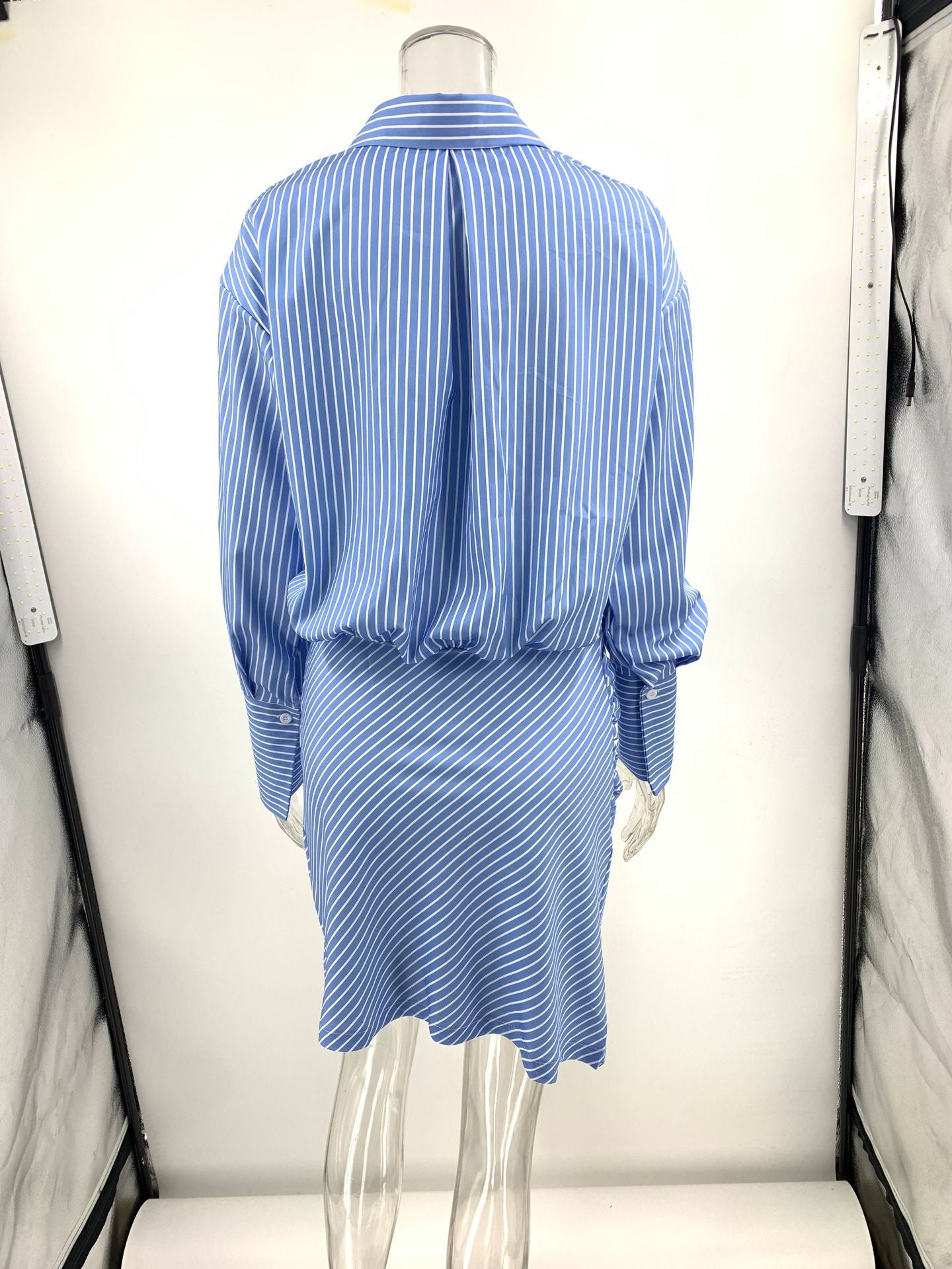 Women's Casual Turndown Collar Striped Shirt Bodycon Dress 7