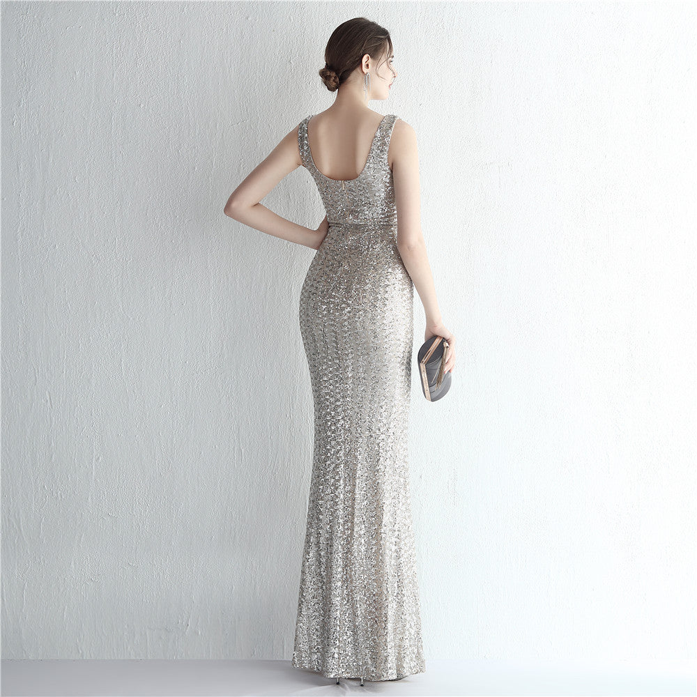 Women Iridescent Sequin Straps Deep v Formal Party Sequined Evening Dress 11