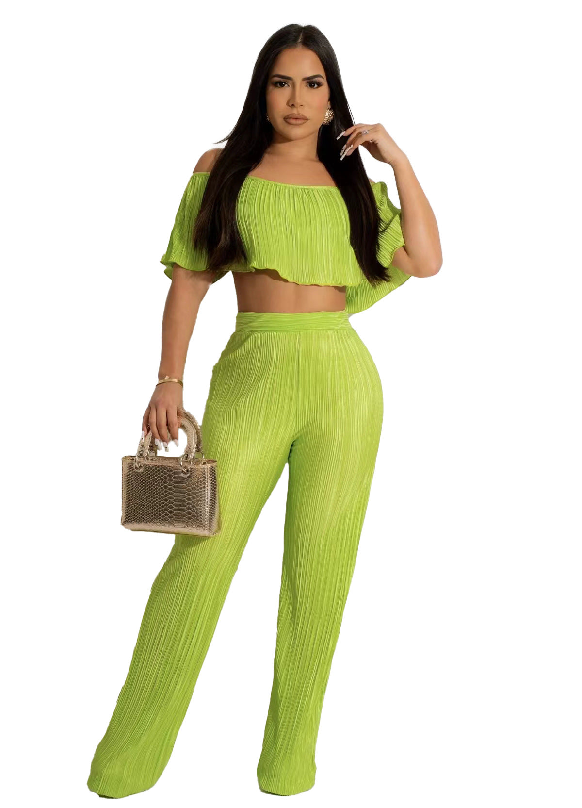 Women'S Solid Color Off-Shoulder Top Bell Bottom Pants Two-Piece Set 8
