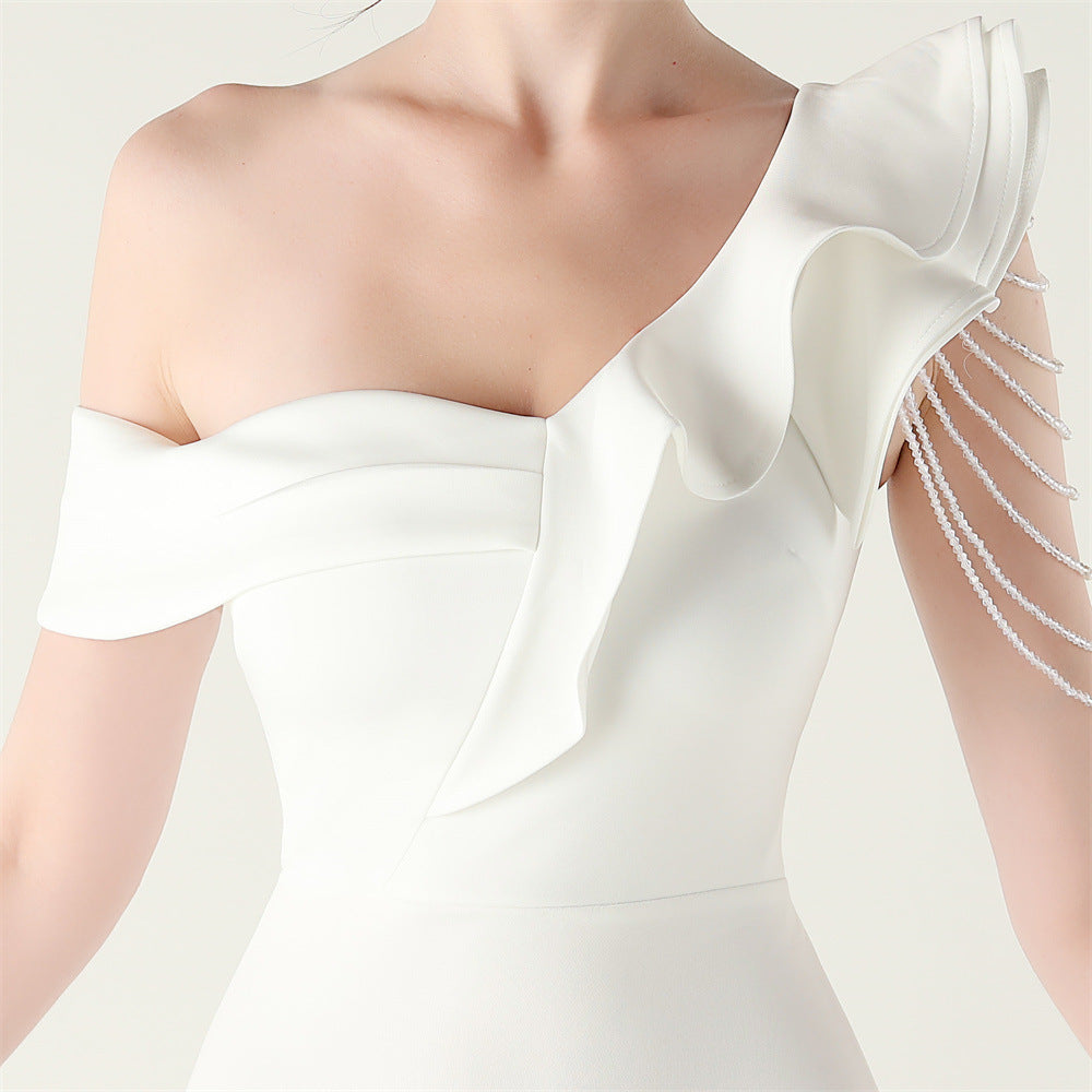 Women ruffled one-shoulder beaded fishtail formal party evening dress 35