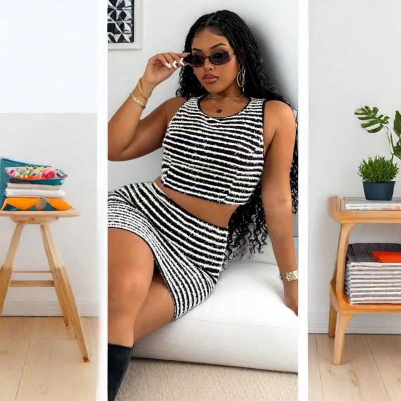 Women sexy striped Tank Top and Skirt two-piece set