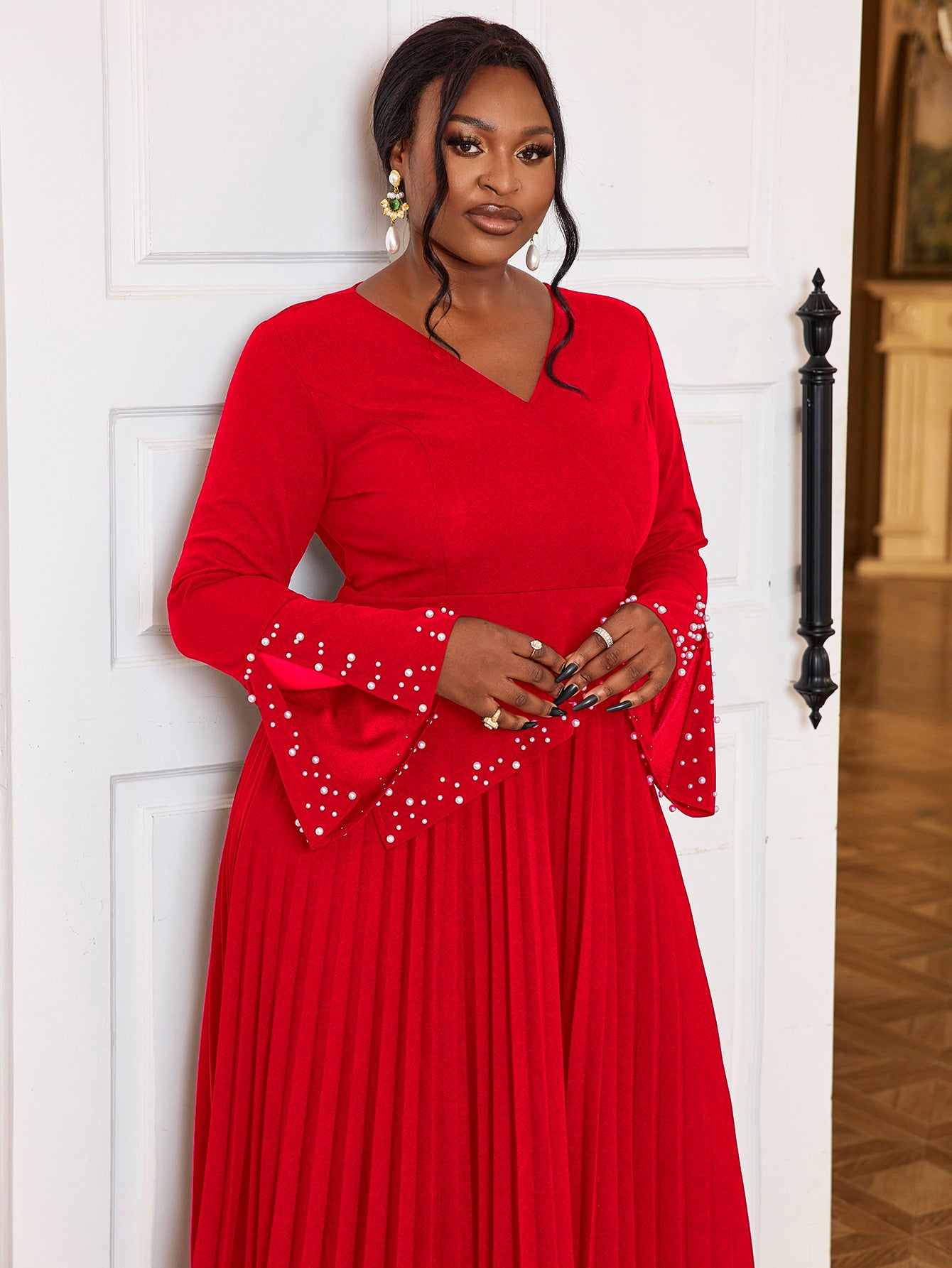 V-neck pleated Bell Bottom sleeve dress Career Formal Party pleated Dresses 8