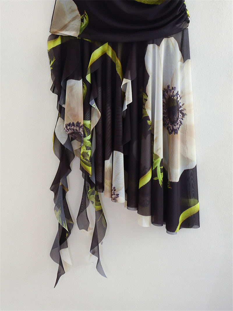 Autumn Fashion Chic Strapless Printed Tulle Midi Dress for Women 6