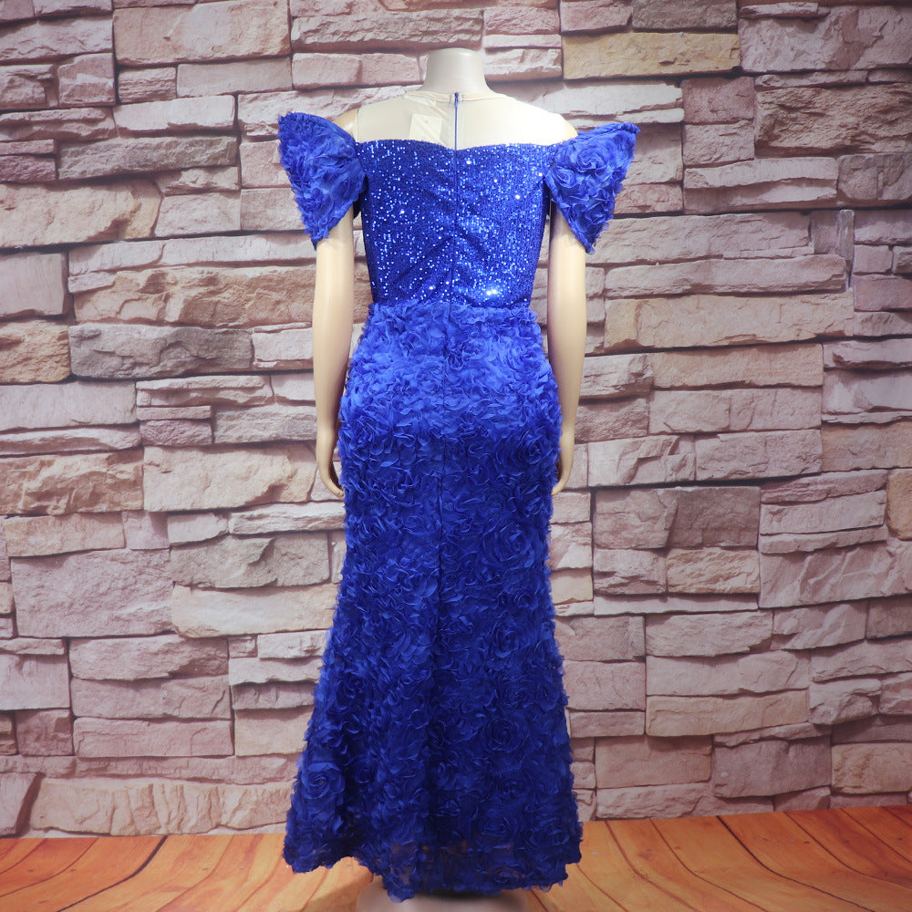 African Women's Dress Luxury Embroidery Off Shoulder Mesh Beaded Belted Evening Dress 19