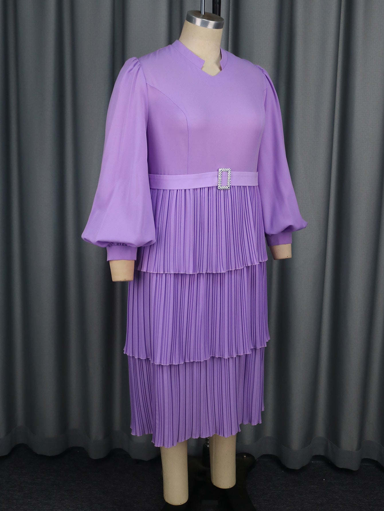 Women Spring and Summer Lantern Sleeve Pleated Cascading Ruffles Dress 7