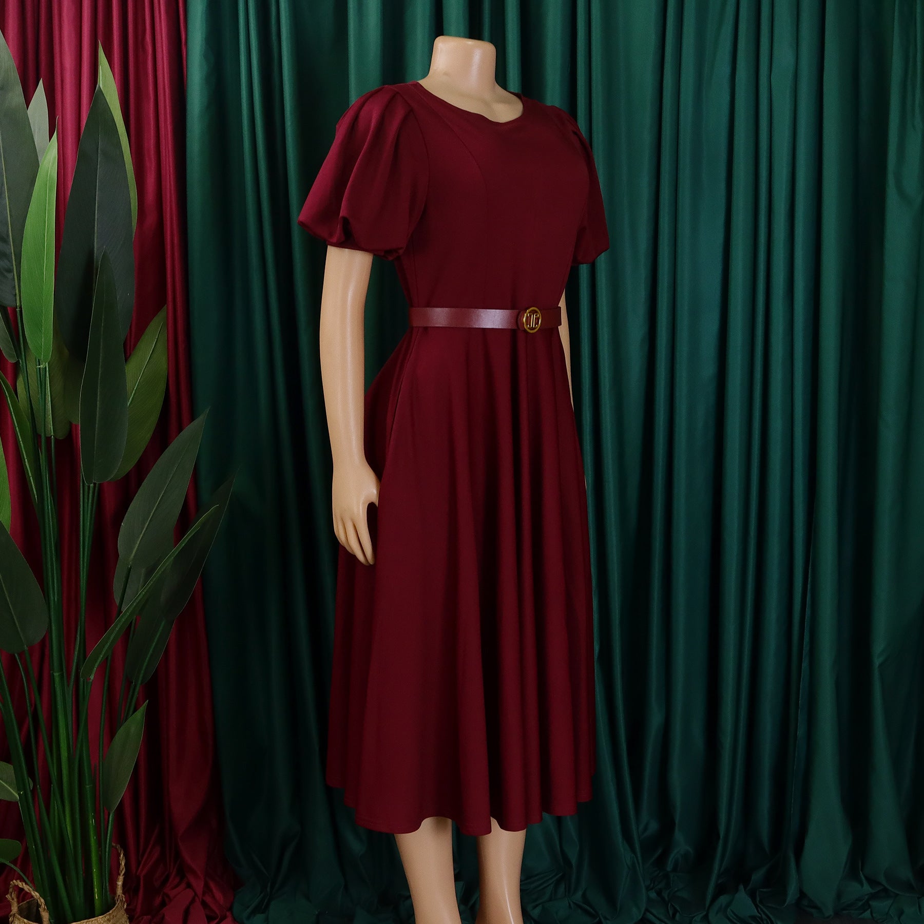 Women's Round Neck Chic Elegant Slim Waist Puff Sleeve A-Line African Dress 20