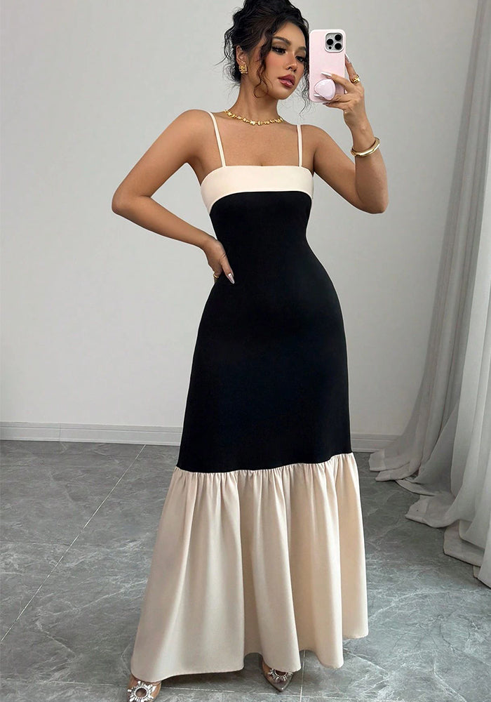 Women Suspender Contrast Patchwork Pleated Dress