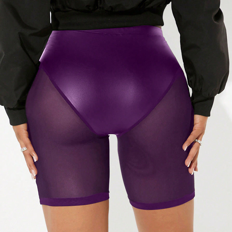Spring & Summer Women's Solid Color Elastic Waist See-Through Mesh Leather Patchwork Tight-Fitting Knee-Length Shorts 10