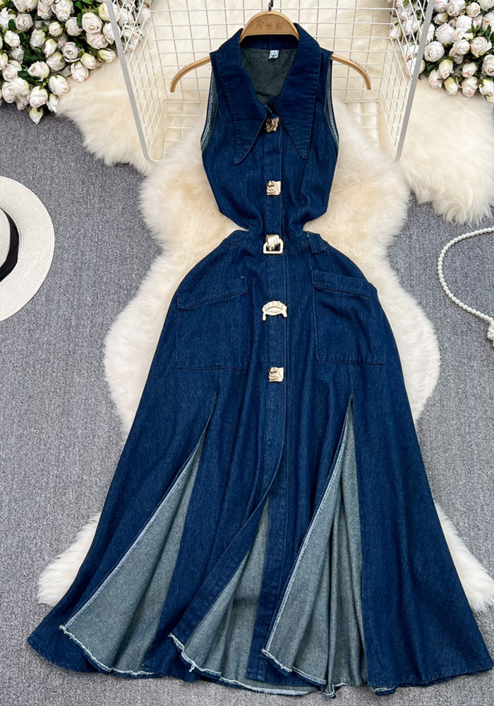Women Vintage Turndown Collar Cut Out Sleeveless Denim Dress