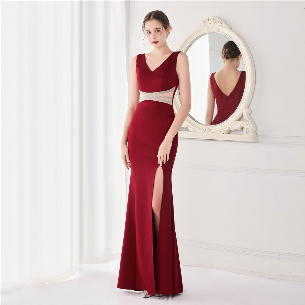 Summer Elegant v Neck Waist Rhinestone Slit Mermaid Evening Dress 12
