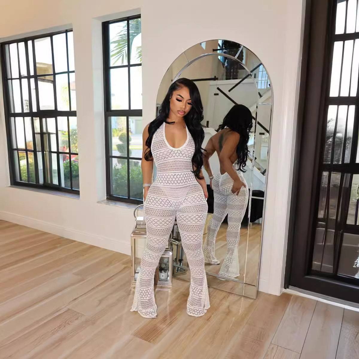 Women solidlace hollow sexy Jumpsuit 8