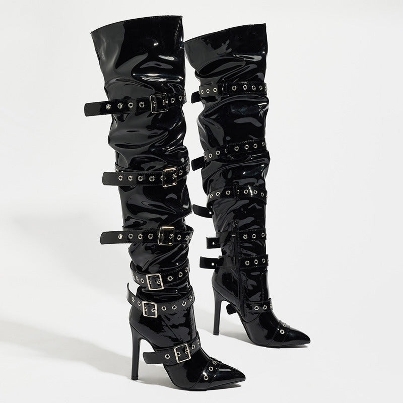 Women Retro Pointed-Toe Boots with Riveted High Heels and Belt Buckle, Punk-Style Over-The-Knee Boots 4