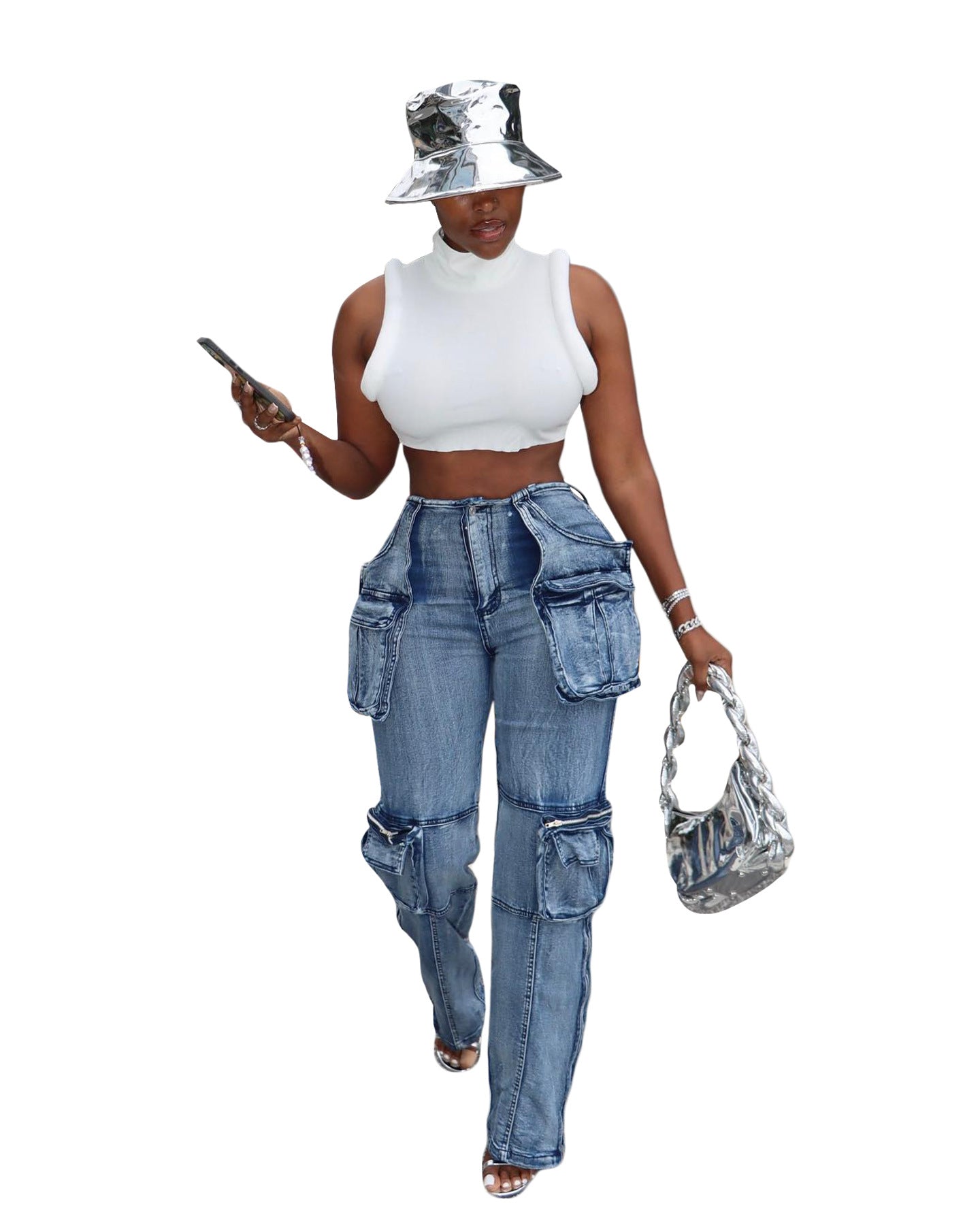 Women's Casual  Multi-Pocket Cargo Pants Mid-Rise Washed Straight Denim Trousers 3