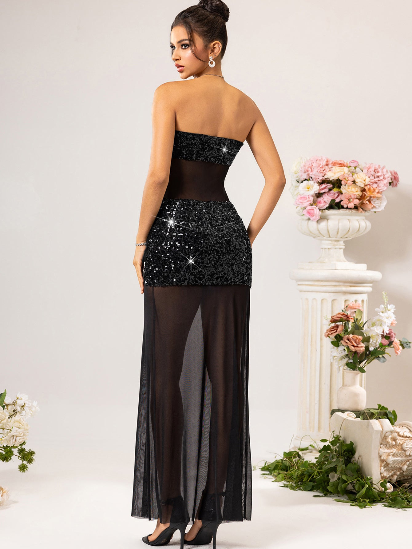 Women's Sexy See-Through Mesh Patchwork Sequin Long Dress 6