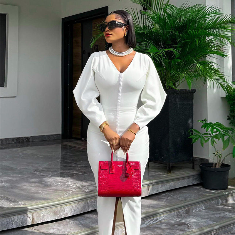 Women's Summer Chic Elegant Beaded V-Neck High Waist Slit Dress 5