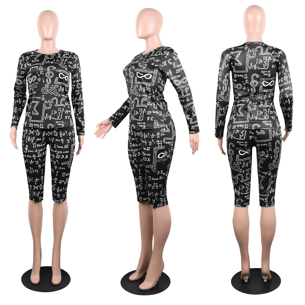Women's Print Tight Fitting Long Sleeve Two-Piece Midi Shorts Set 9