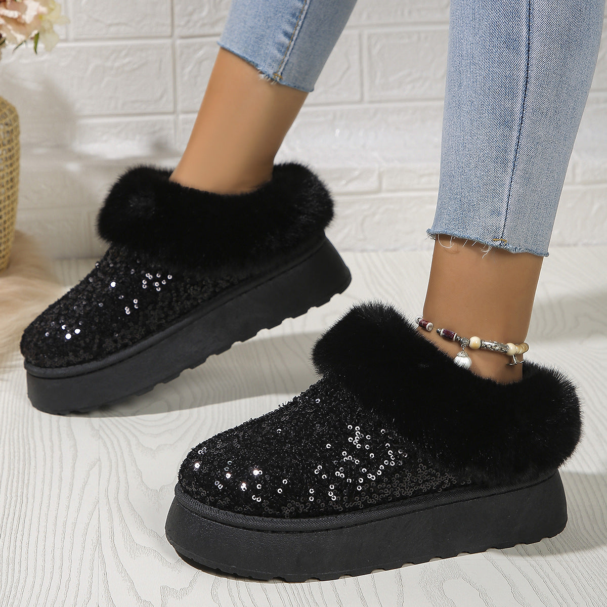 Autumn Winter Women's Thick-Soled Sequined Fleece Snow Boots