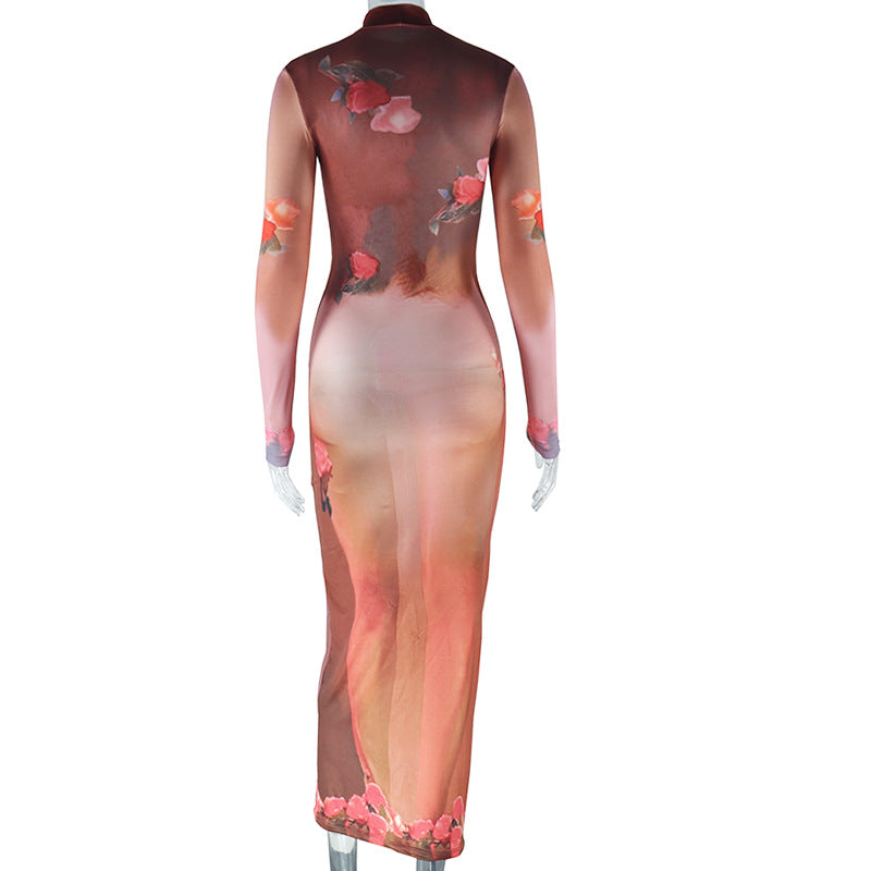 Women Round Neck Long Sleeve Printed Dress 6