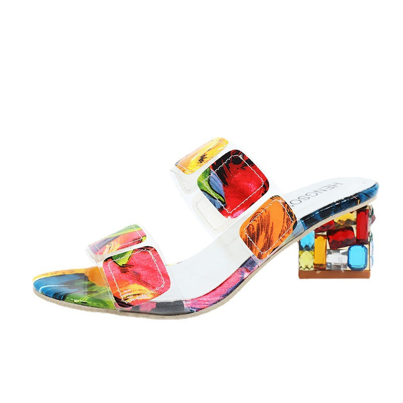 Women's Slippers Rhinestone Thick Heel One Word Sandals And Slippers Color Matching Medium Heel Plus Size Women's Shoes 6