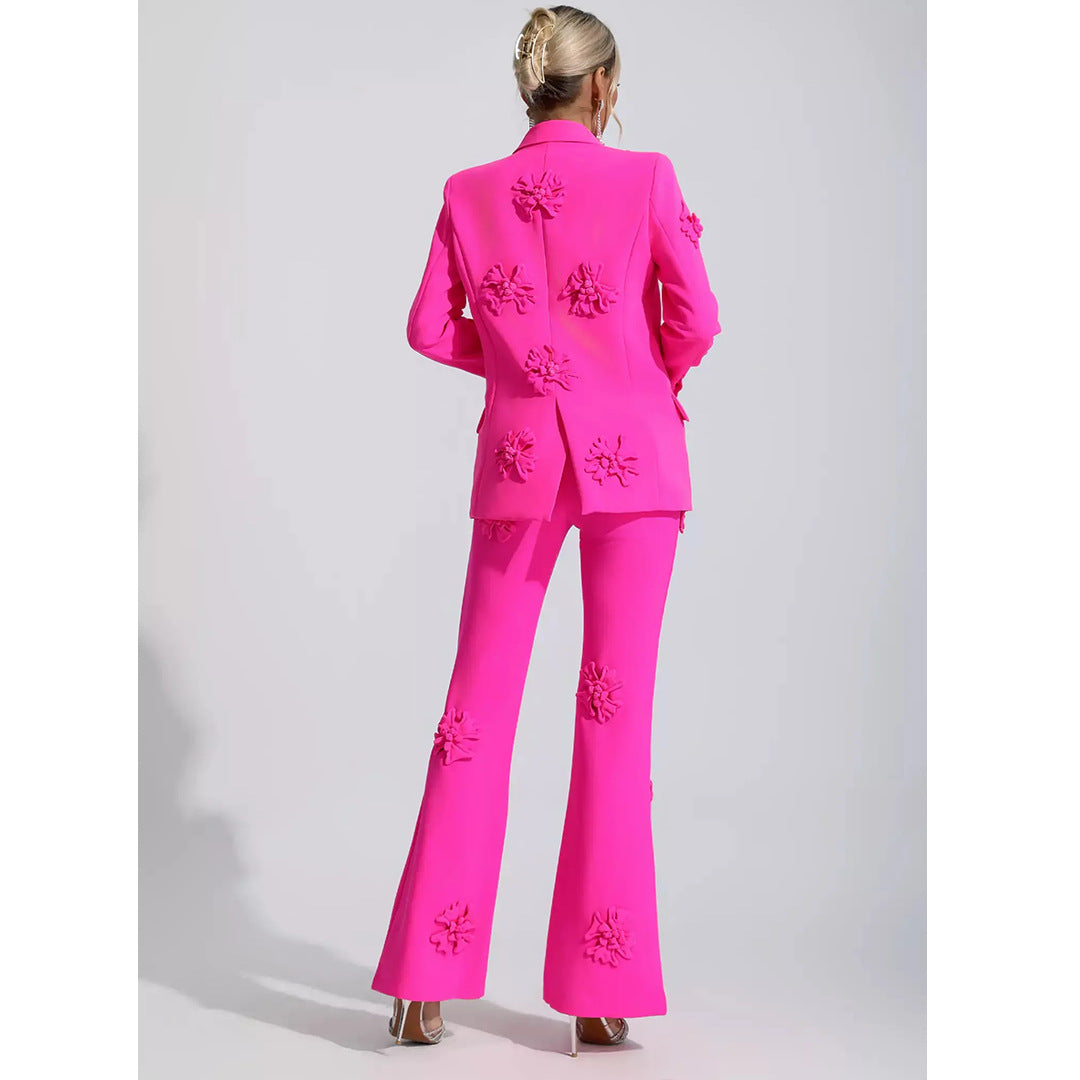 Autumn Women's Fashion Chic Career Turndown Collar Jacket + Pants Floral Set 5