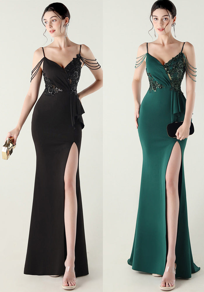 Women beaded tube sequin bow ruffle V neck suspender fishtail formal party evening dress