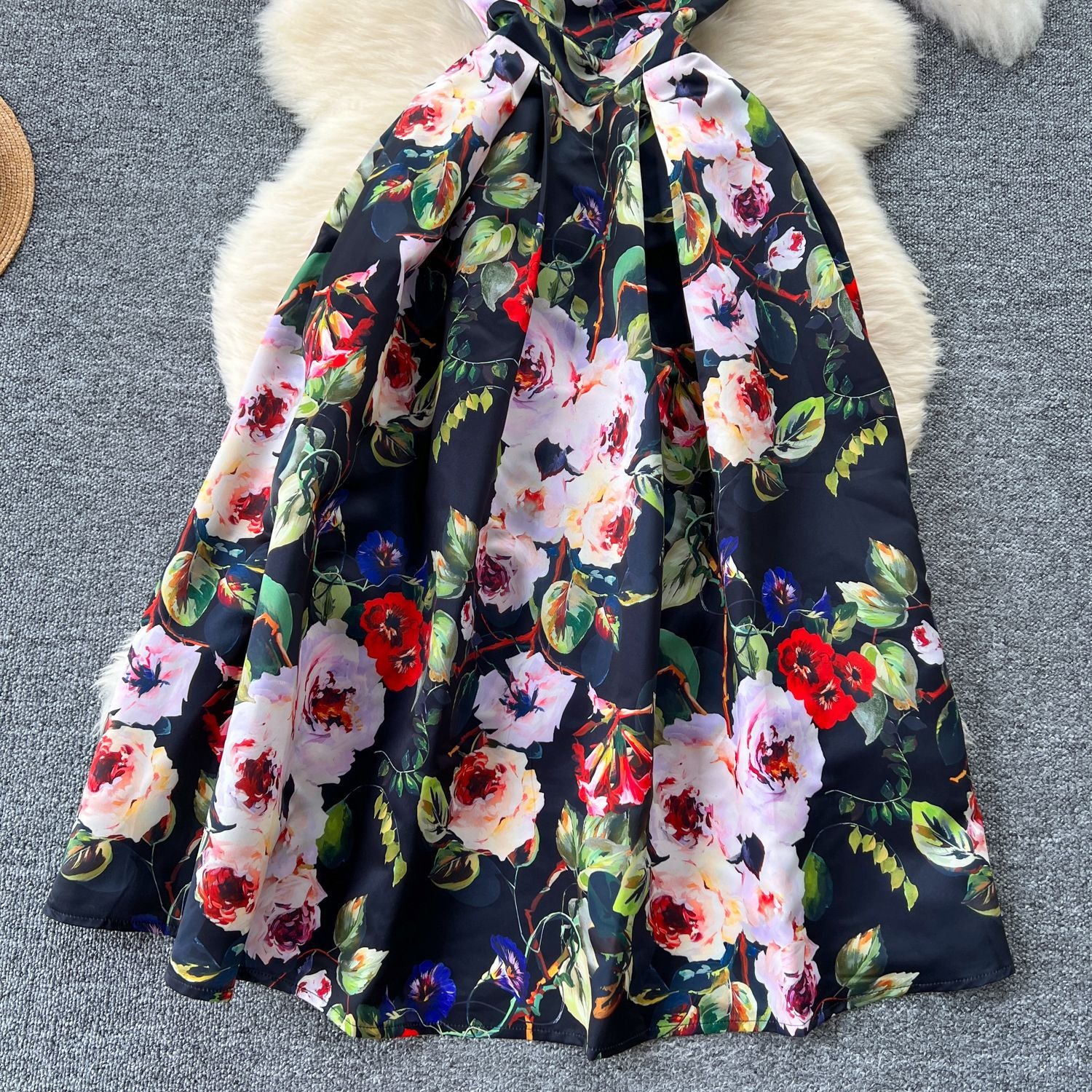 Fashion Printed Round Neck Slim Waist Pleated Flare Sleeveless Mini Dress 33