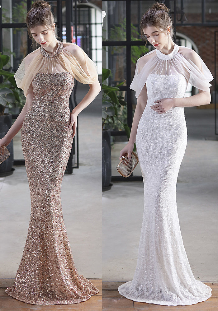 Sequin Mesh Halter-Neck Fishtail Bride Long Wedding Dress