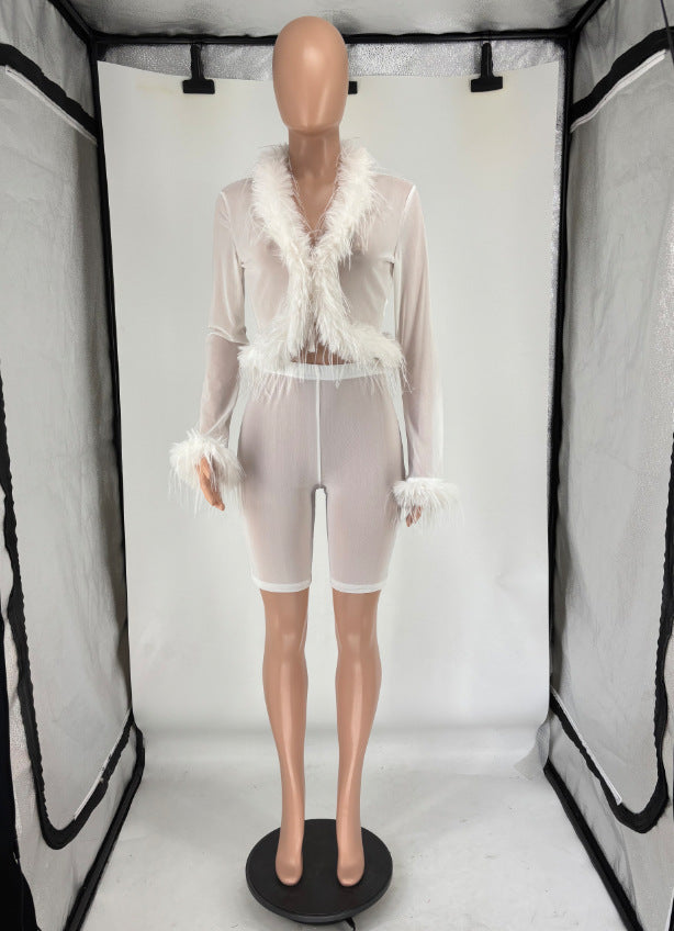 Fur Trim Solid Color Lace-up  Top & Tight Shorts Trendy Two Piece Set 9