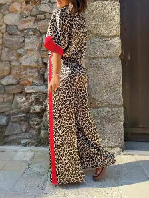 Women's Casual Leopard Print Contrast Short Sleeve Button Top Wide Leg Pants Two Piece Set