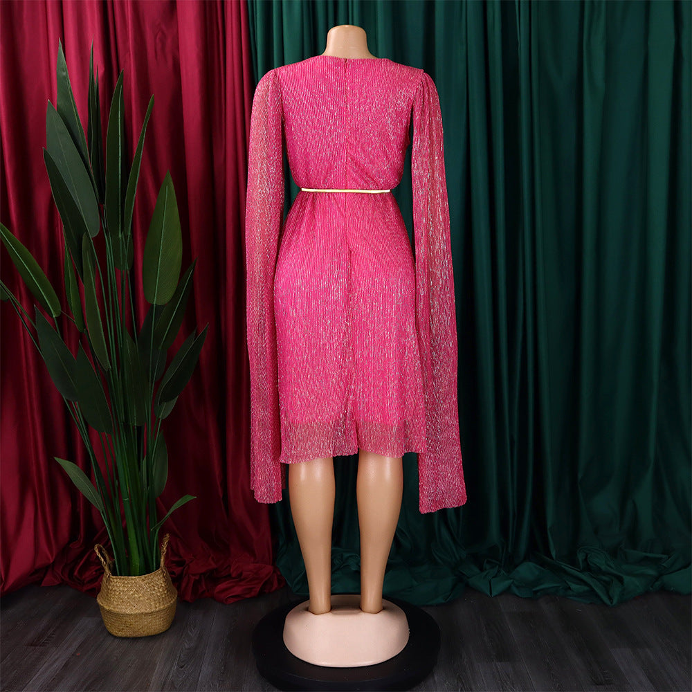 Belted V-Neck Chic Long Sleeve Cape Slim Waist Gown Dress 25