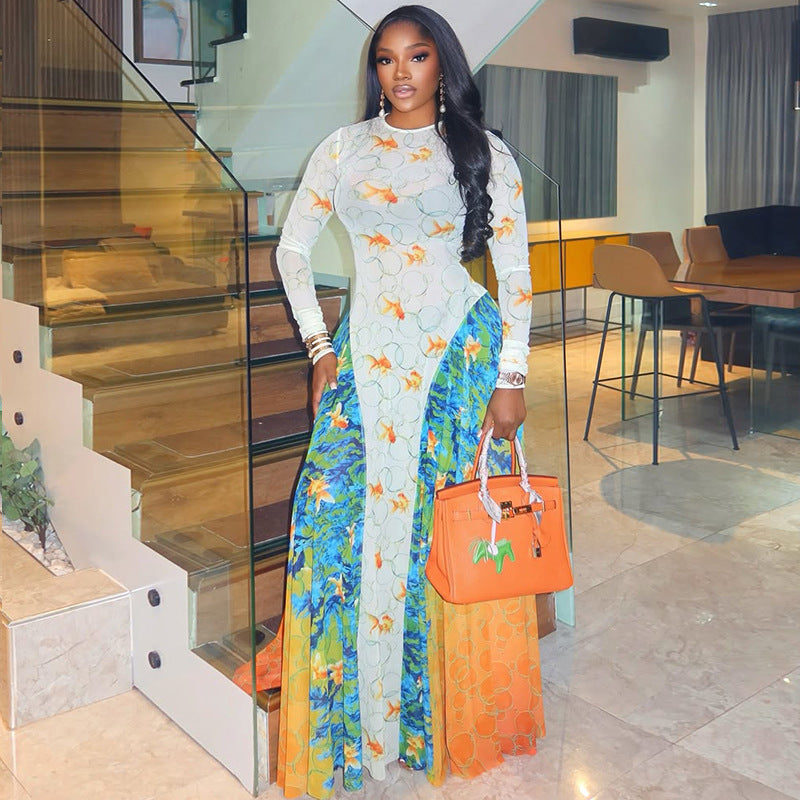 Print Long-Sleeve A-Line Long Dress 6