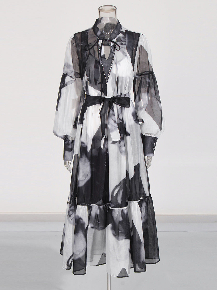 Women Vintage Paint Print Belt V-neck Long Sleeve Dress 8