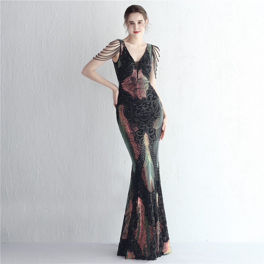 Elegant Positioning Flower Sequined Beaded Short-Sleeved Long Fishtail Evening Dress 11