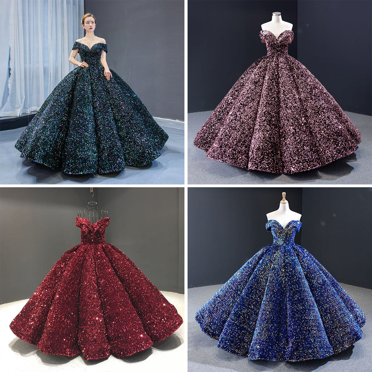 Bride Wedding Dress Women's Sequins Ball Gown Off Shoulder Puffy Evening Dress 46