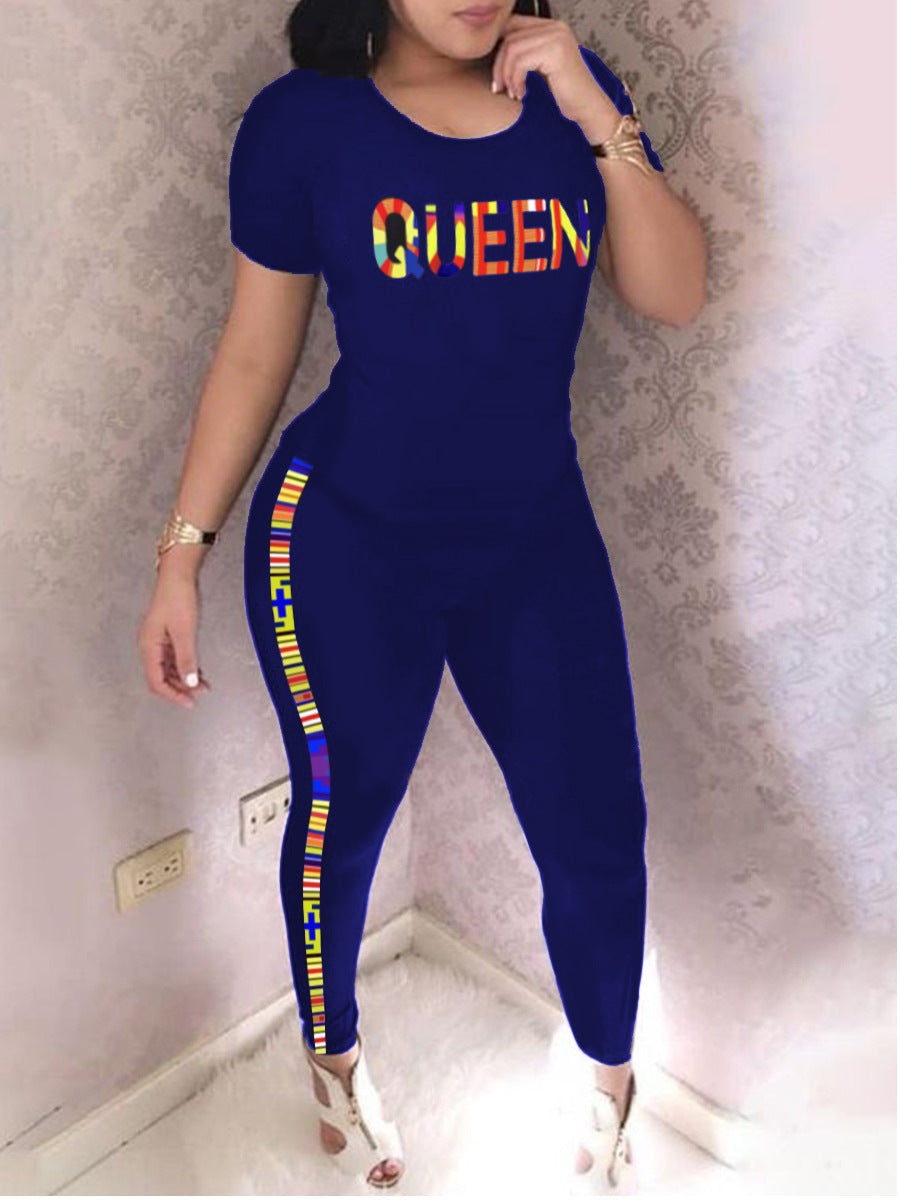 Casual Letter Print Short Sleeve Loungewear Stripe Two-Piece Pants Set For Women 12