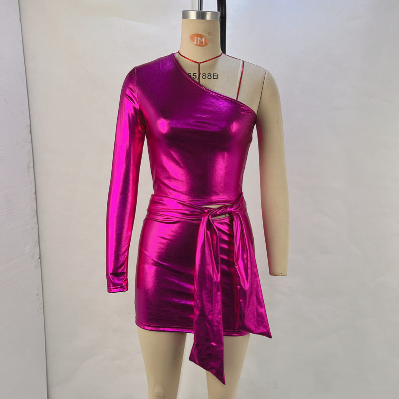 Women's Fashion Shiny Sexy One Shoulder Top Stretch Bodycon Skirt Two Piece Set 9