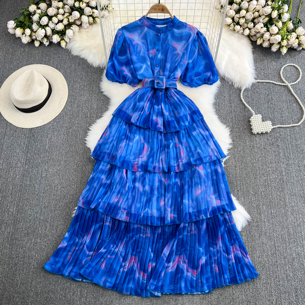 Puff Sleeve Stand Collar Slim Waist Tie-Dye Print A-Line Layer Dress 10