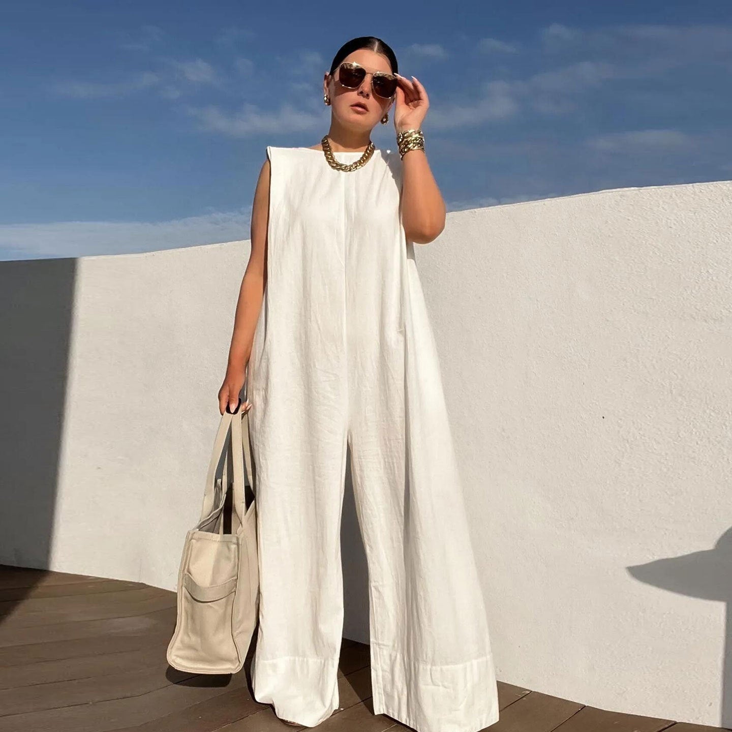 Casual Solid Sleeveless Wide Leg Loose Jumpsuit 3