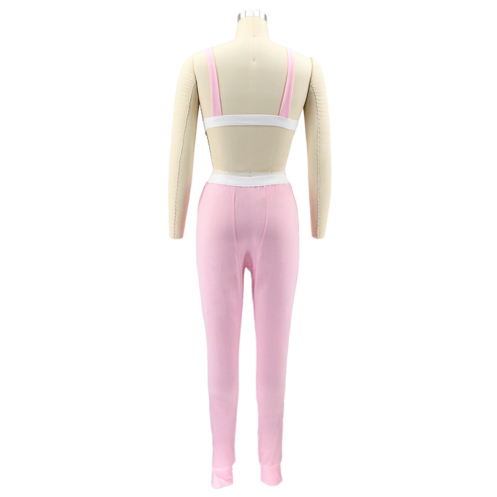 Women Solid Sling Elastic Casual Sports Two-piece Set 17