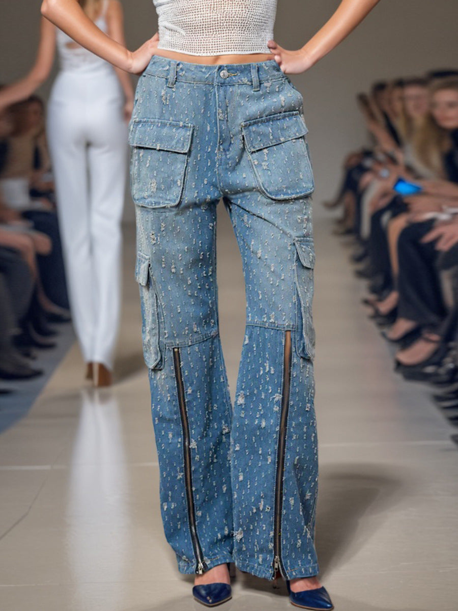 Spring Trend Ripped Pocket Blue Cargo Pants High Waist Long Denim Trousers 3