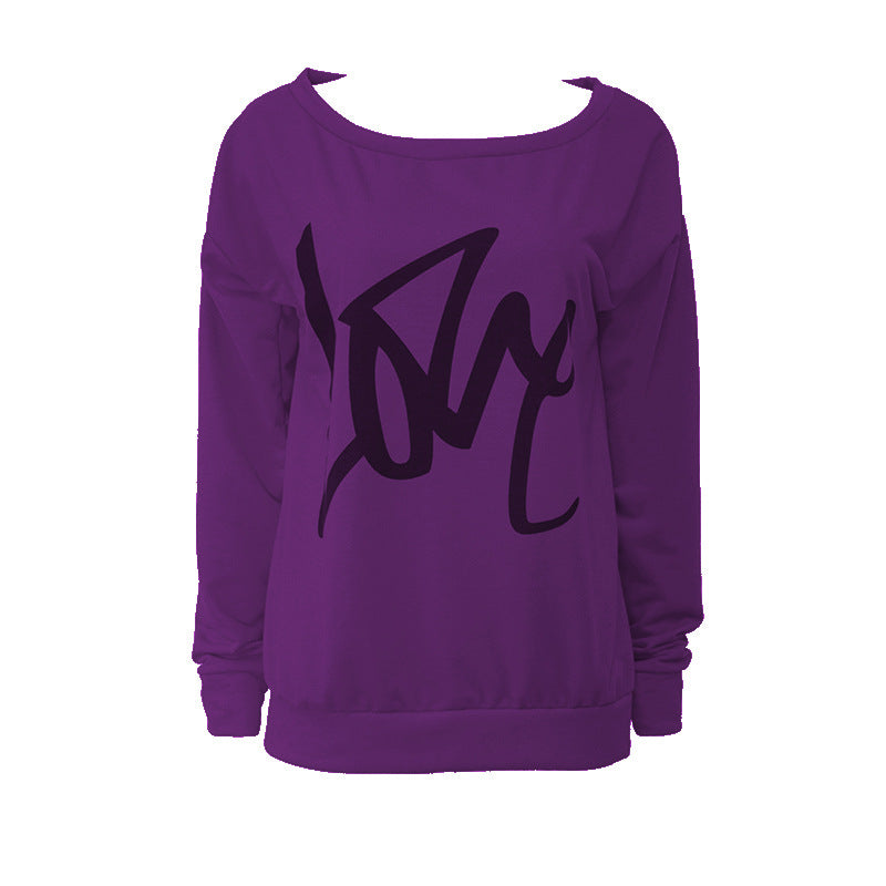 Love Letter Printed Long Sleeve T-Shirt Sexy Off-Shoulder Women's Top 31