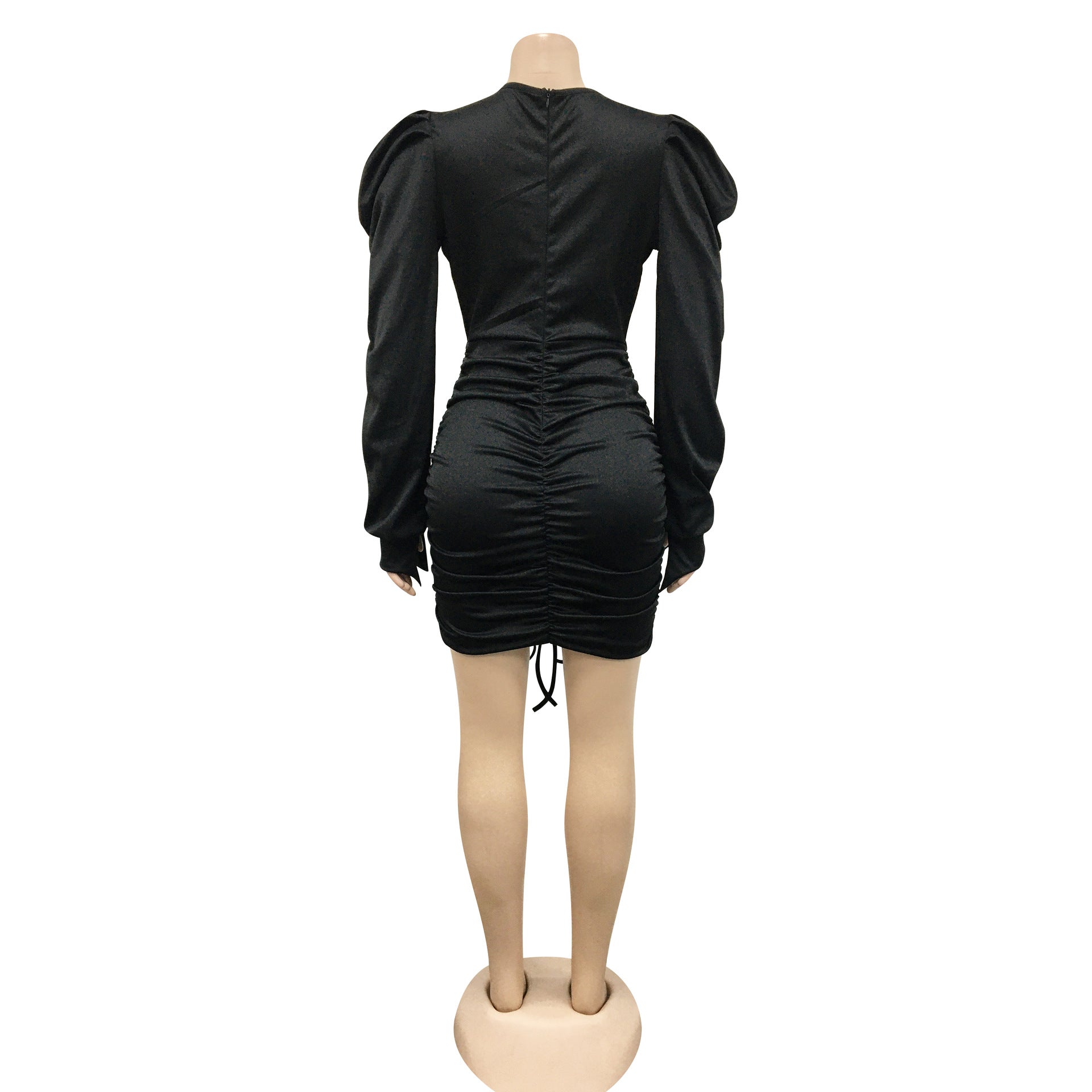 Women Casual Solid Long Sleeve Pleated V-Neck Dress 16