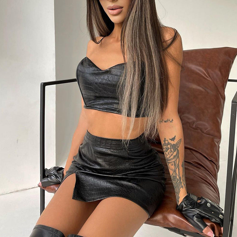 Women Sexy Pu-Leather Strapless Crop Top and Slit Skirt Two-Piece Set 4