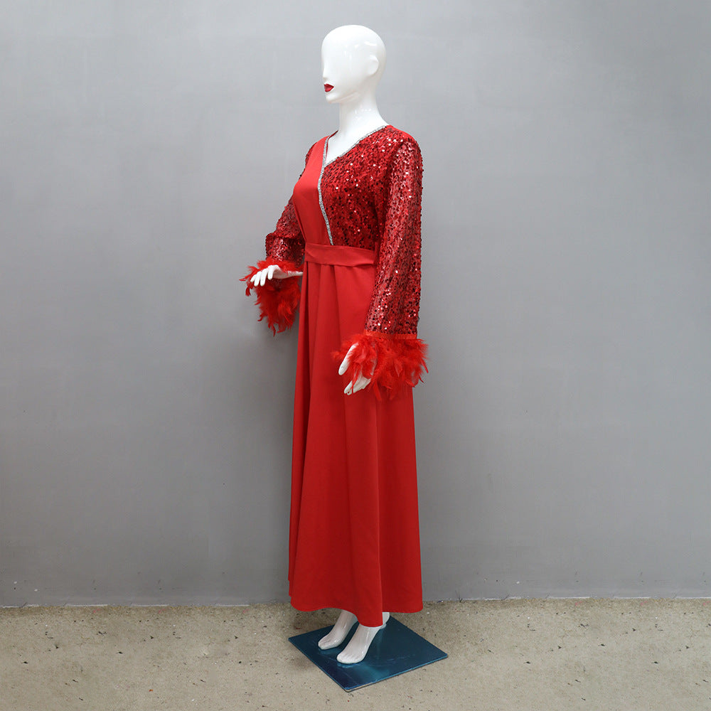 Dubai Arabian Sequin Patchwork Ironed Feather Robe 9