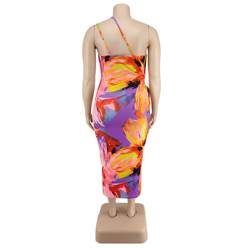 Plus Size Women's Summer Sexy Printed Strap Low Back Slim Dress 26