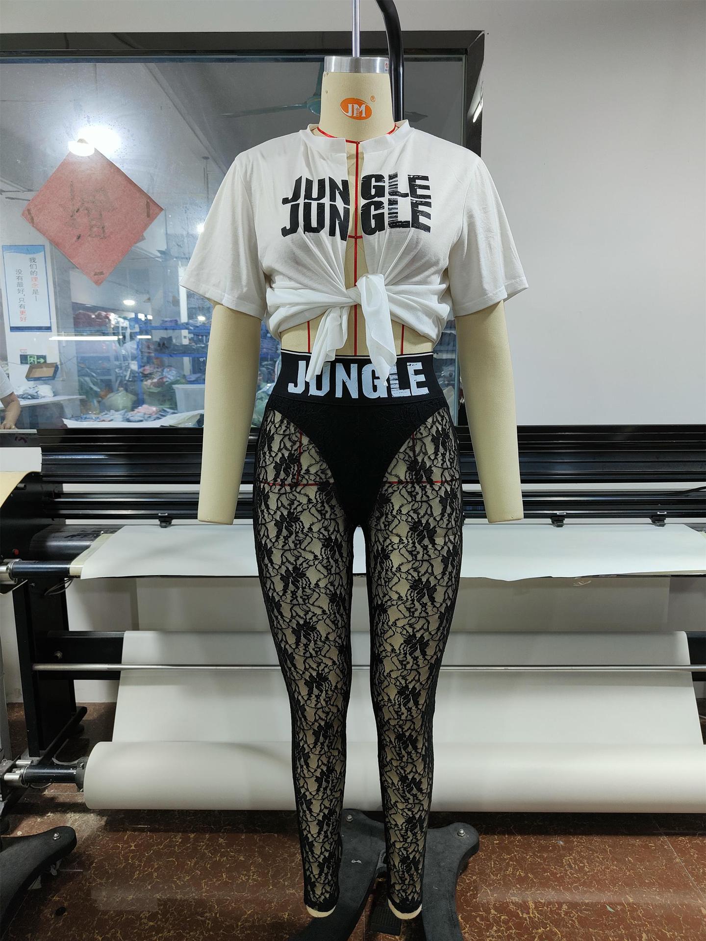 Women's Irregular Split Letter Print T-Shirt See Through Lace Pants two piece Set 11