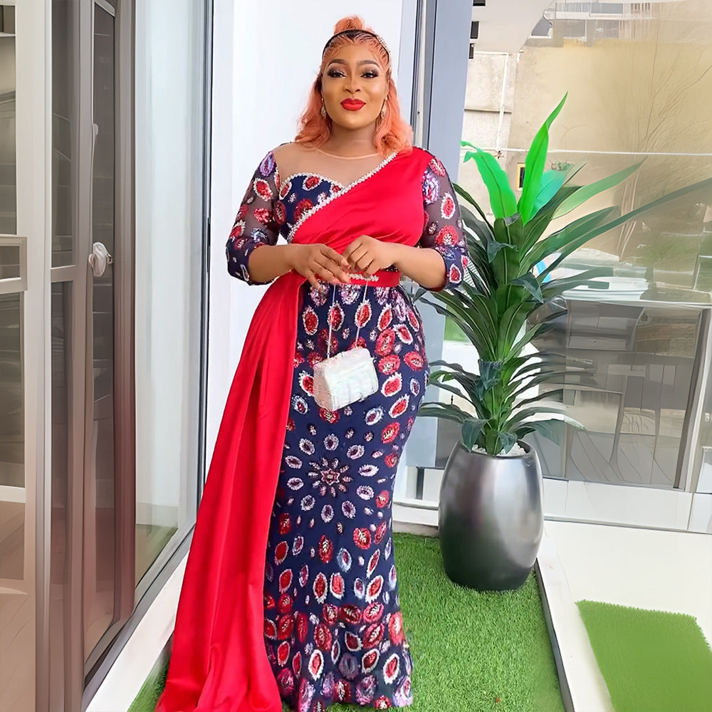 Patchwork Contrast African Women's Plus Size High Waist Sequin Long Dress 5