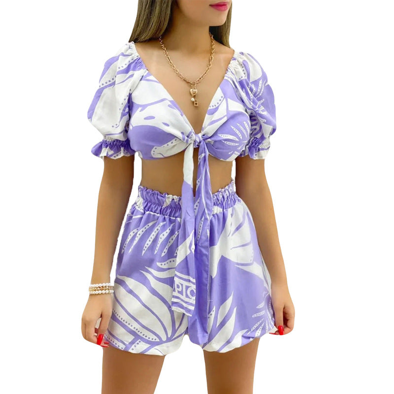 Women Clothes Lace Up Short Summer Sleeve Print Suit Shorts V-Neck Top Two Piece Set 11